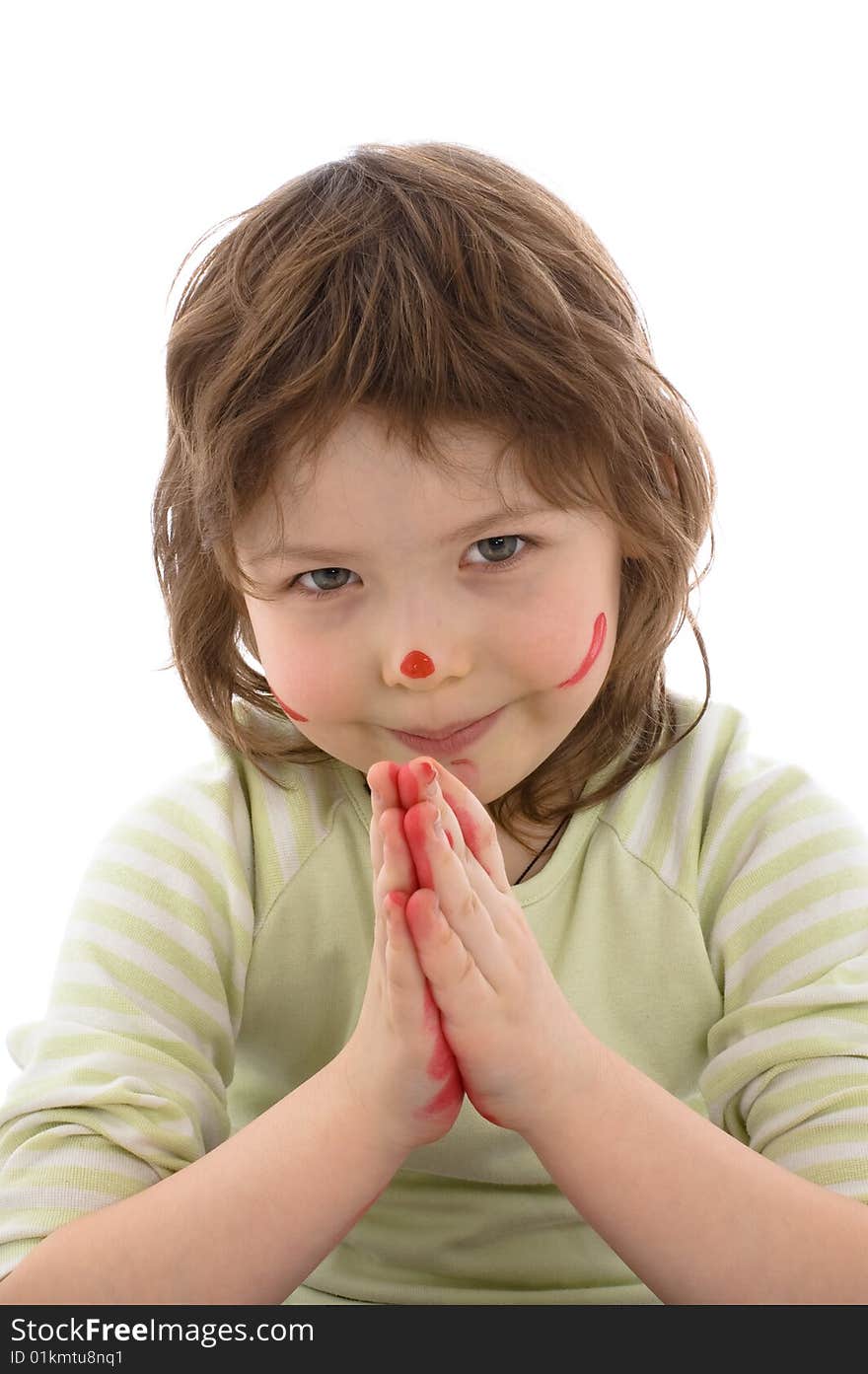 Close-up portrait of Fanny little girl with painted hands and face, isolated on white