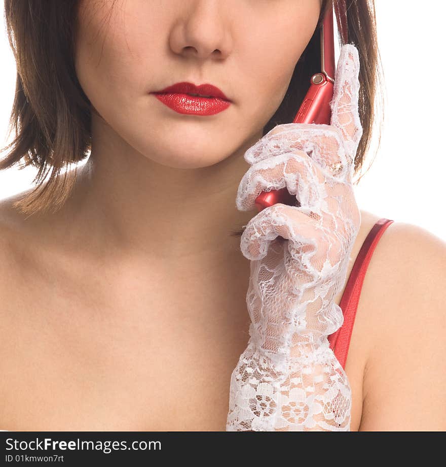 Close-up isolated portrait. Elegant lady calls by phone