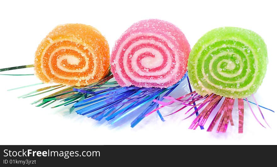 Three fruit candy; isolated on white