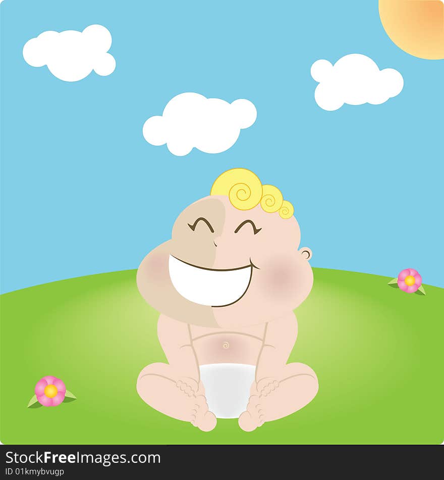 Laughing blond baby enjoying a sunny day.