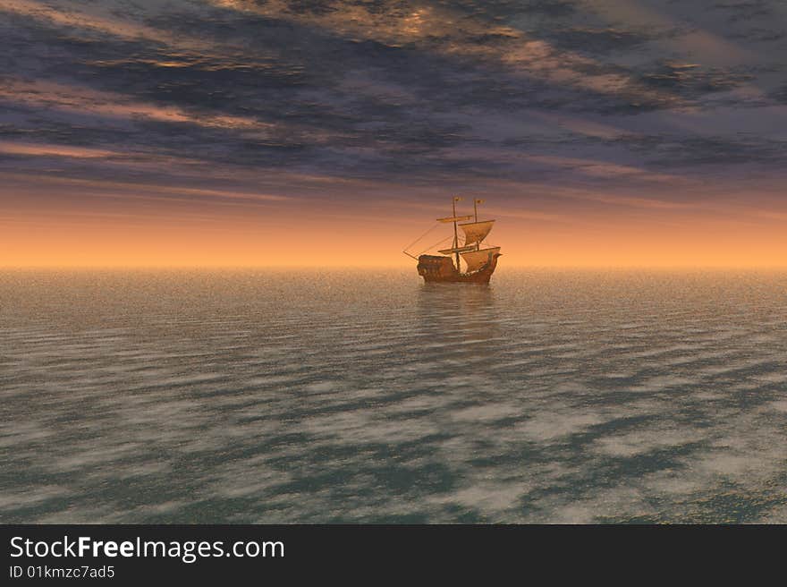 Illustration of a beautiful sunset over a ship at sea