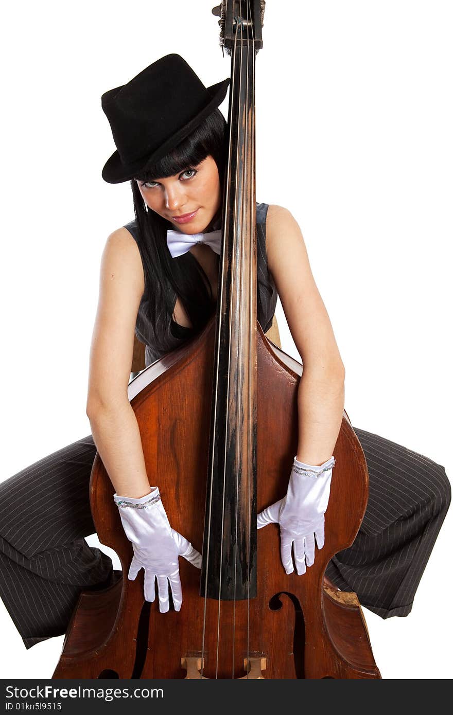 Young beautiful brunette with old contrabass