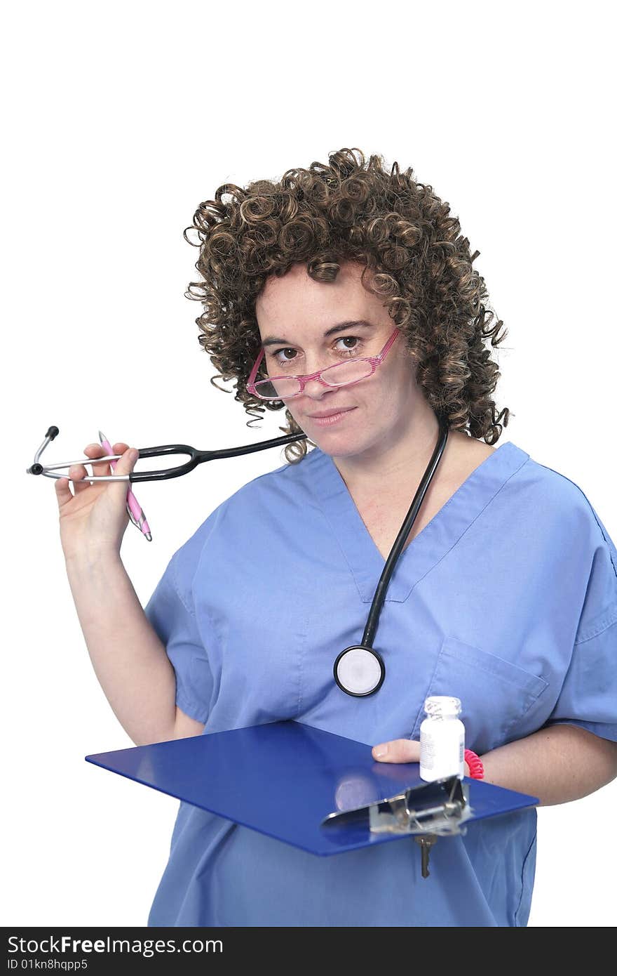 One fuzzy haired woman doctor with stethoscope and pill bottle over white