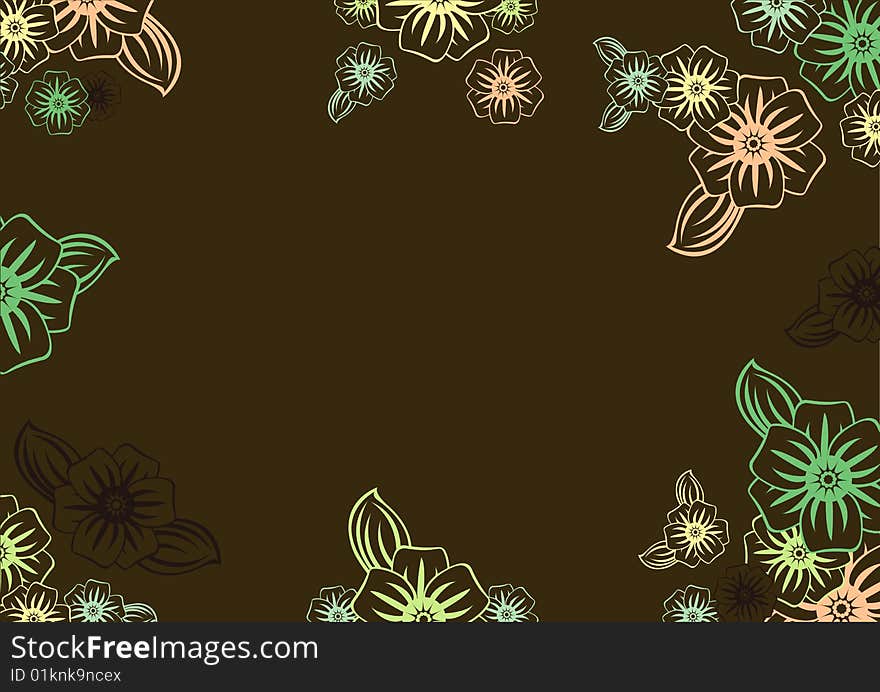 Vector illustration of funky  flowers in retro style on the brown background.  Floral frame.