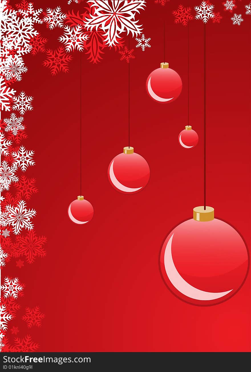 Vector illustration of Red Christmas Balls. Background with snowflakes and decoration for your design in red color