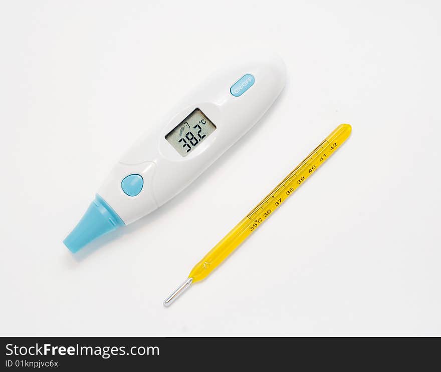 Two different thermometers on a white background