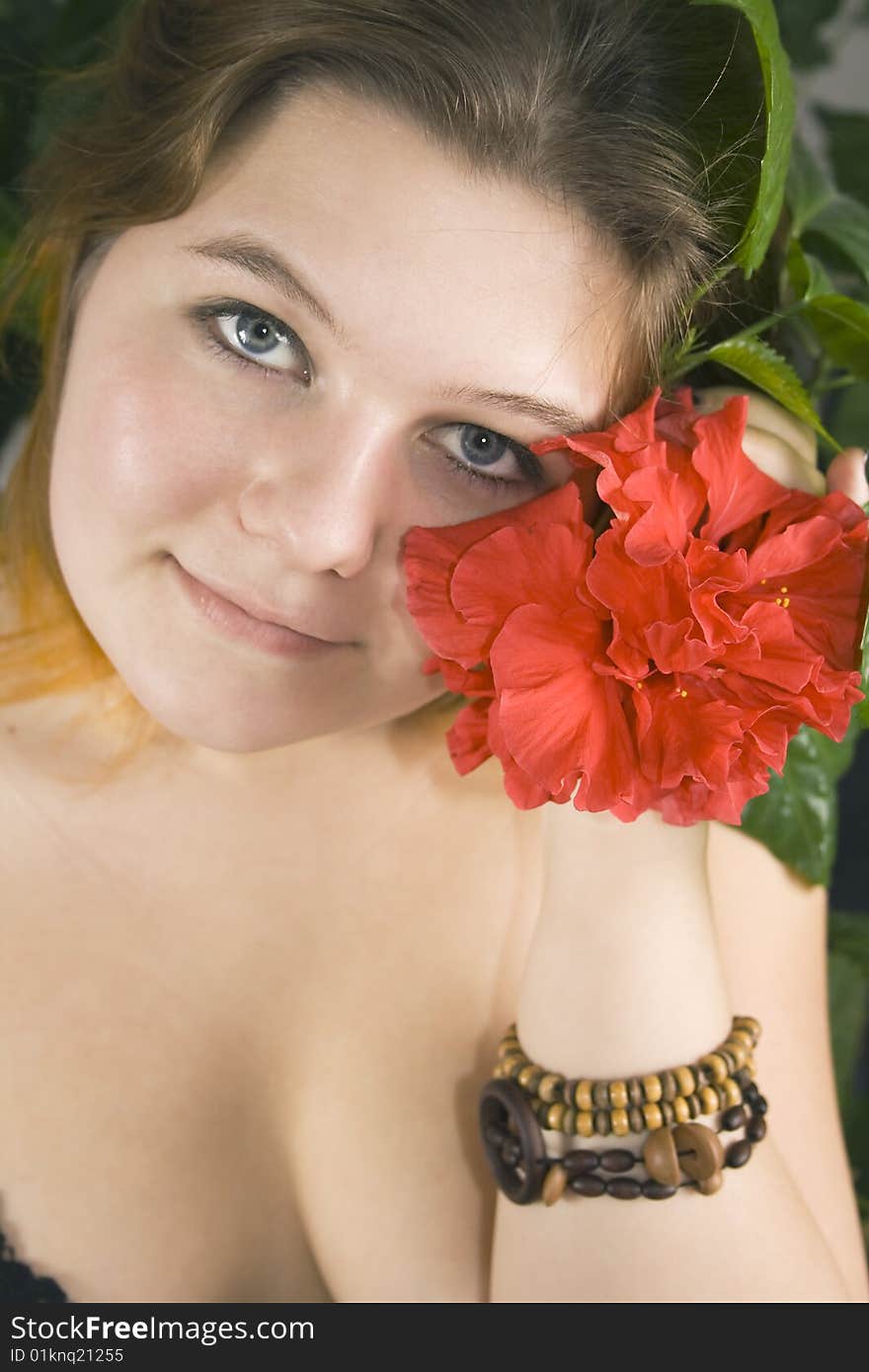 Pretty Woman And Red Hibiscus