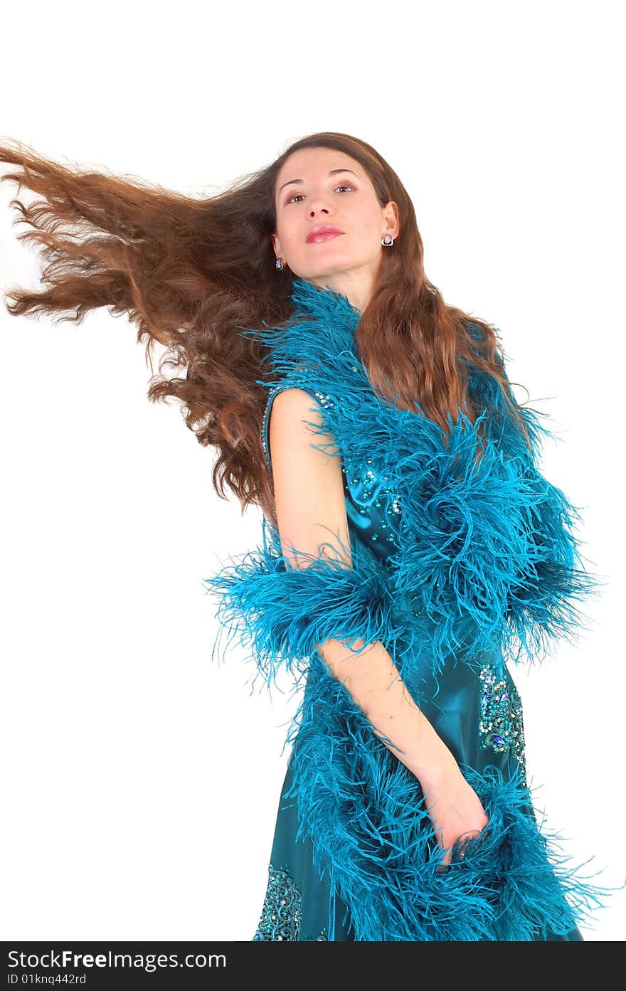 Ballroom dancer woman with hair flying on white background