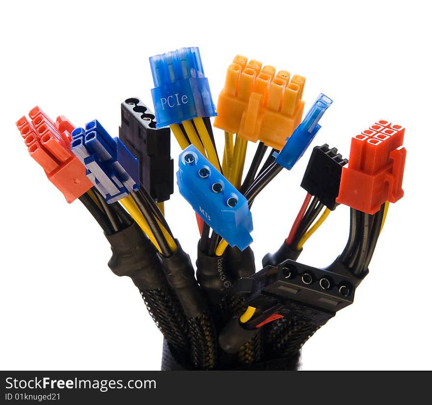 Multicolored connectors closeup, white background. Multicolored connectors closeup, white background