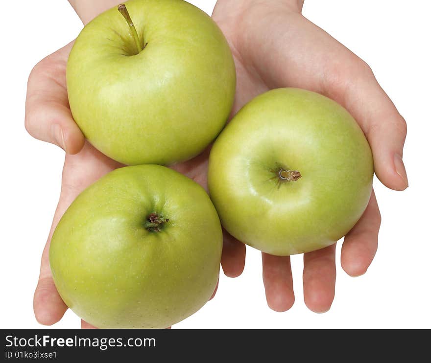 Color photograph hand holding a green apple on a white background. Color photograph hand holding a green apple on a white background