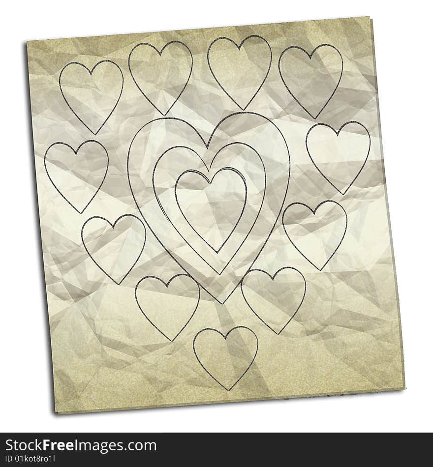 Note of crumpled paper with drawings of hearts