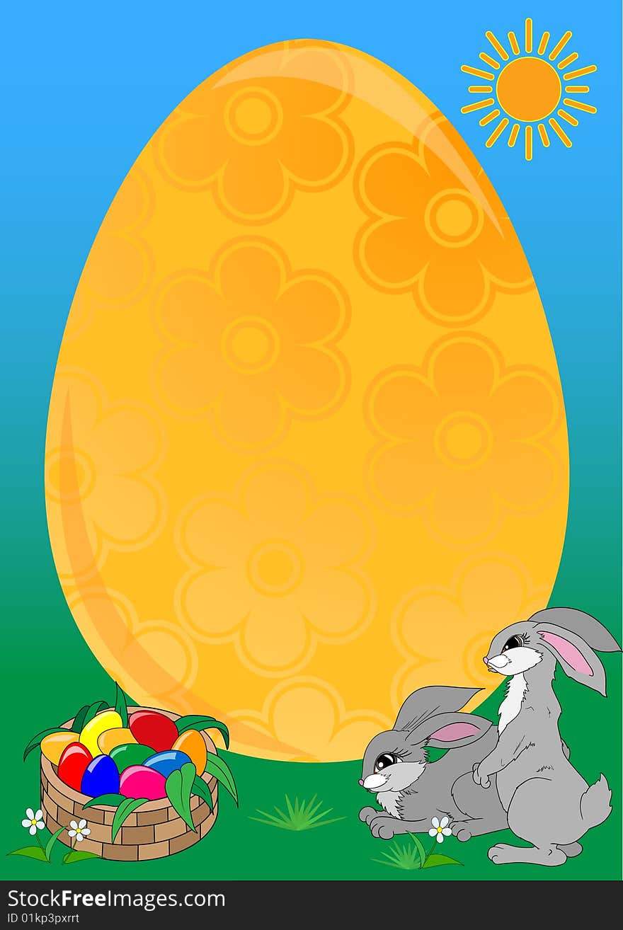 Easter tag frame. The big gold egg with a place for your text, the blue sky, the sun, rabbits and basket with color eggs.