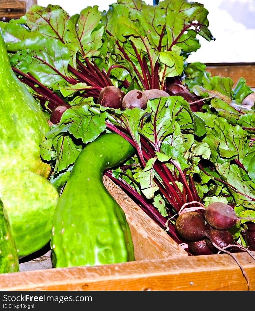 Bunches of beets and squash at a Farmer's Market. Bunches of beets and squash at a Farmer's Market.