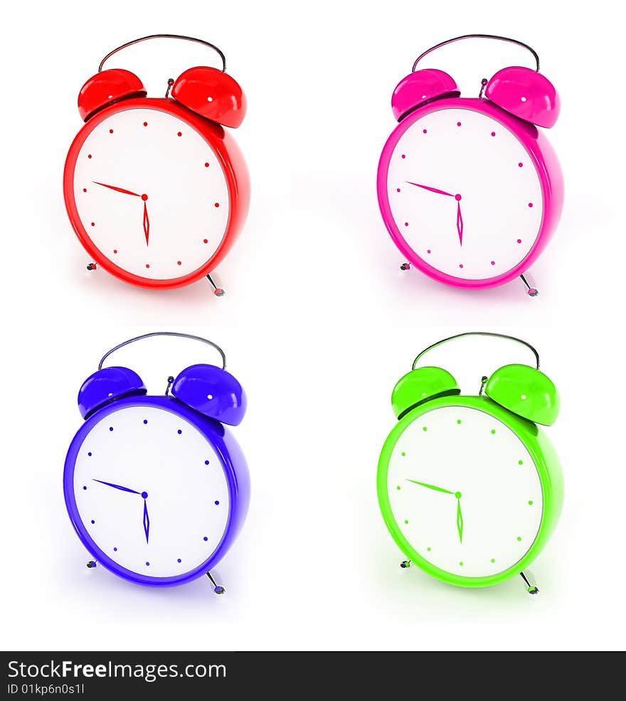 Four colorful red, magenta, blue and green plastic isolated alarm clocks. Four colorful red, magenta, blue and green plastic isolated alarm clocks