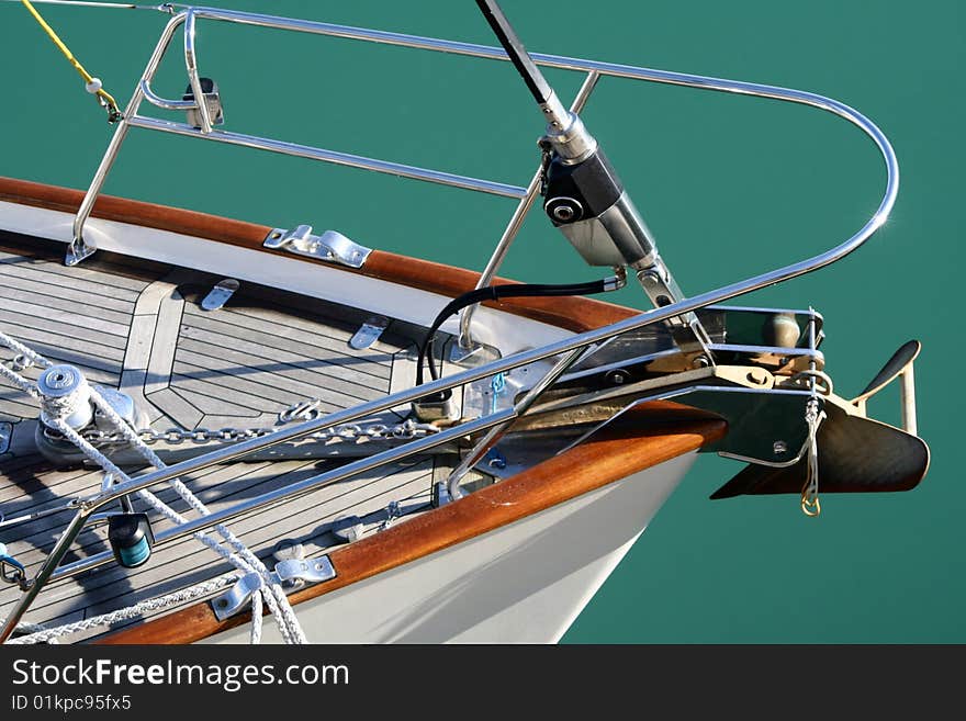 The bow of a yachts in St Peter port in Guernsey in the Channels Islands