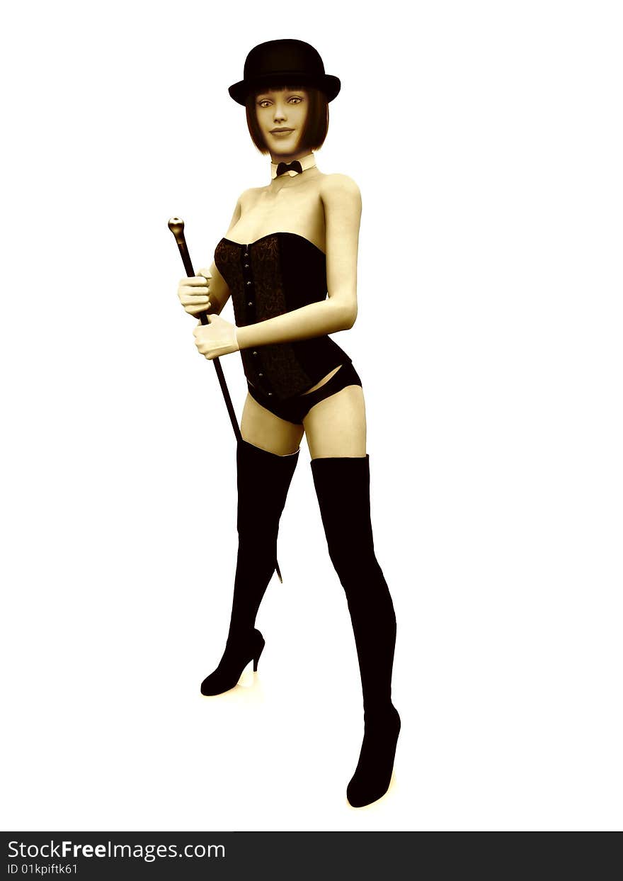 A cabaret girl holding a cane on white background. (The woman is a computer generated 3d model so no model release is needed.)