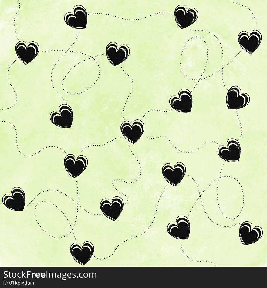 Black hearts on green background. Black hearts on green background