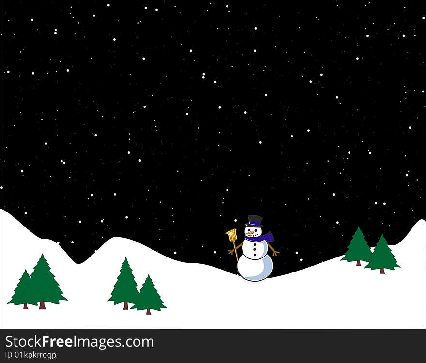 Snowlandscape with snowman en trees