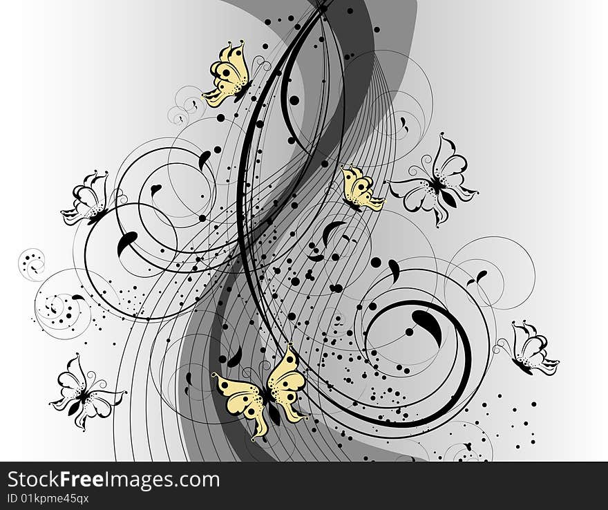 Floral Abstract Background With Butterflies.