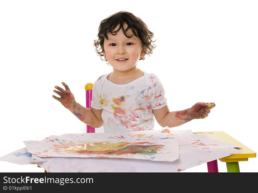 Little boy painting with paints for hands. Little boy painting with paints for hands