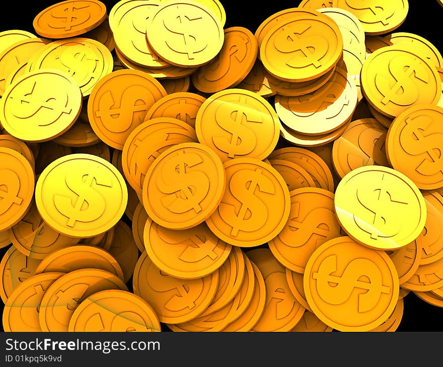 Abstract 3d illustration of coins heap over black background. Abstract 3d illustration of coins heap over black background