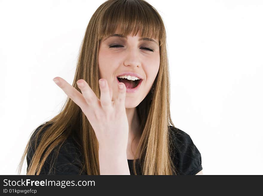 Young girl with blue eyes in black t-shirt.