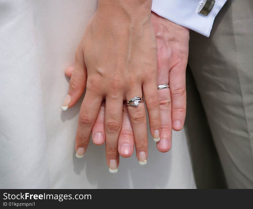 Photo of two interlocked hands from a wedding.  Rings in view, very romantic. Photo of two interlocked hands from a wedding.  Rings in view, very romantic