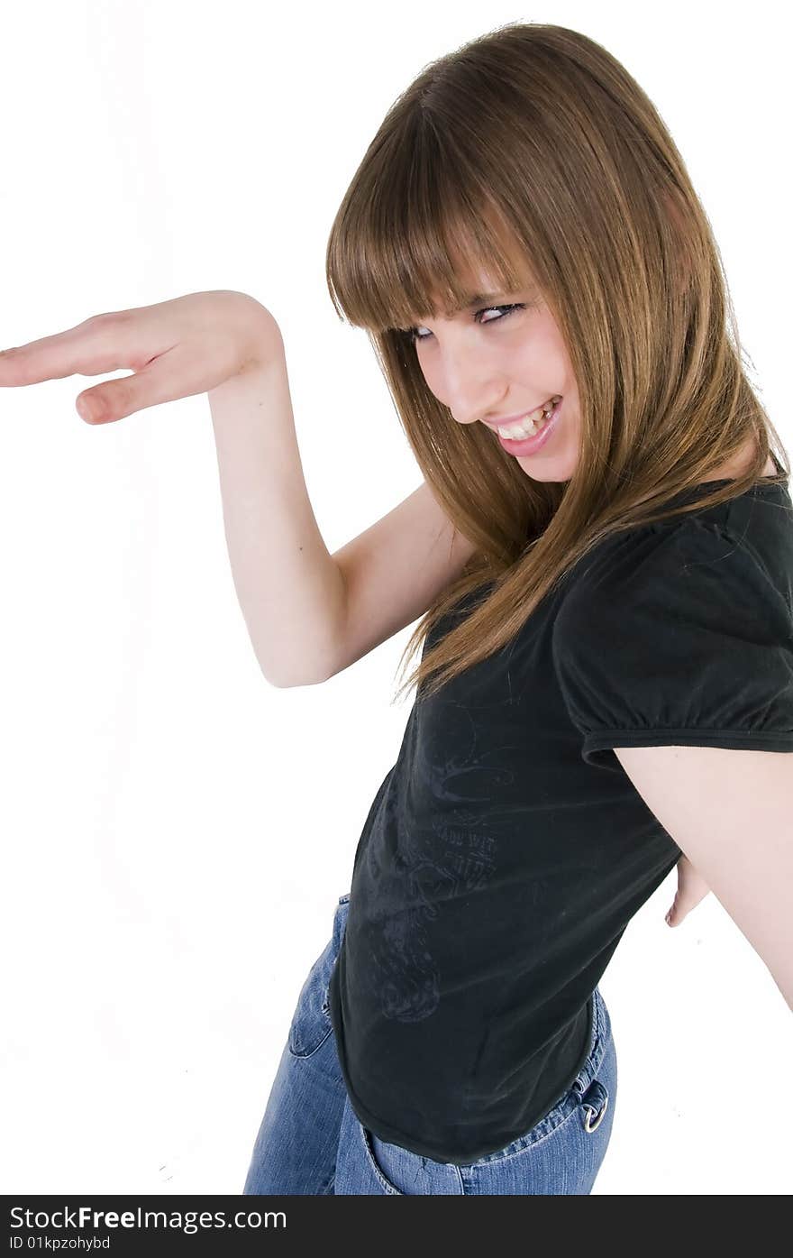 Young girl with blue eyes in black t-shirt.