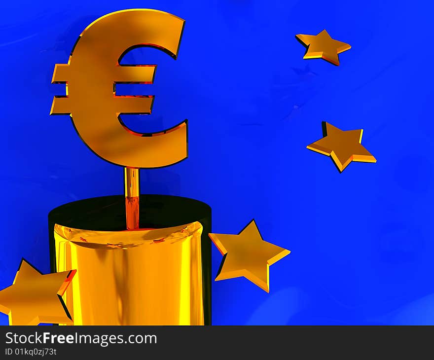 Abstract 3d illustration of euro symbol over blue background. Abstract 3d illustration of euro symbol over blue background