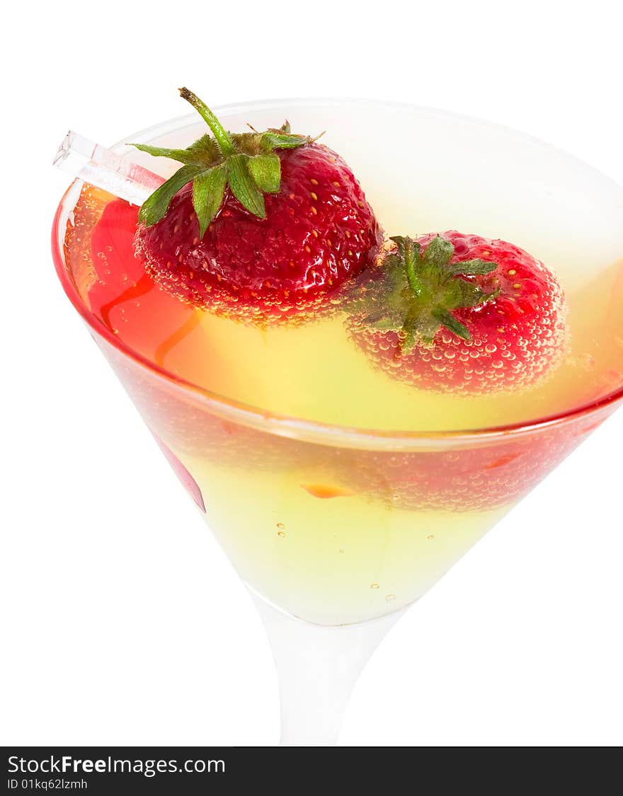 Strawberry with glass of cocktail isolated