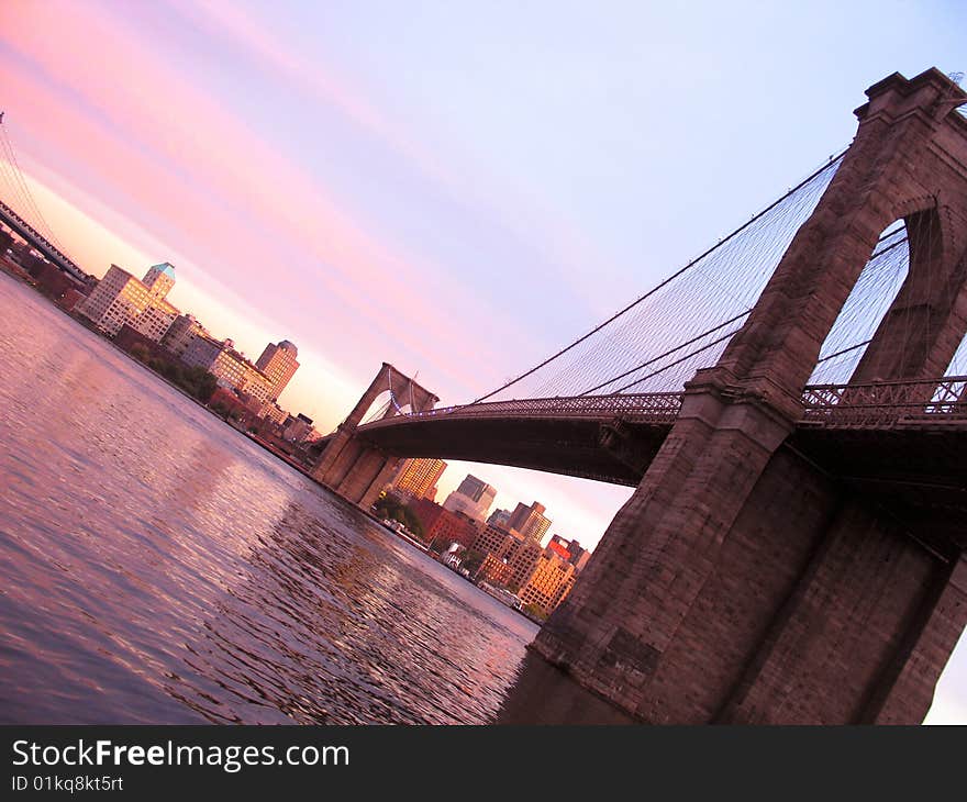 Images fragment the Brooklyn Bridge with a view to the district in Brooklyn, New York