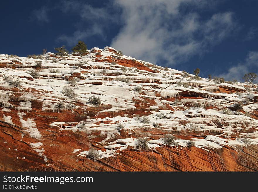 Snow, red rocks. Zion National Park, Cold country awesome scenery- Southern Utah- blue skies, canyon, cliff, icicle, Christmas 2008. Snow, red rocks. Zion National Park, Cold country awesome scenery- Southern Utah- blue skies, canyon, cliff, icicle, Christmas 2008