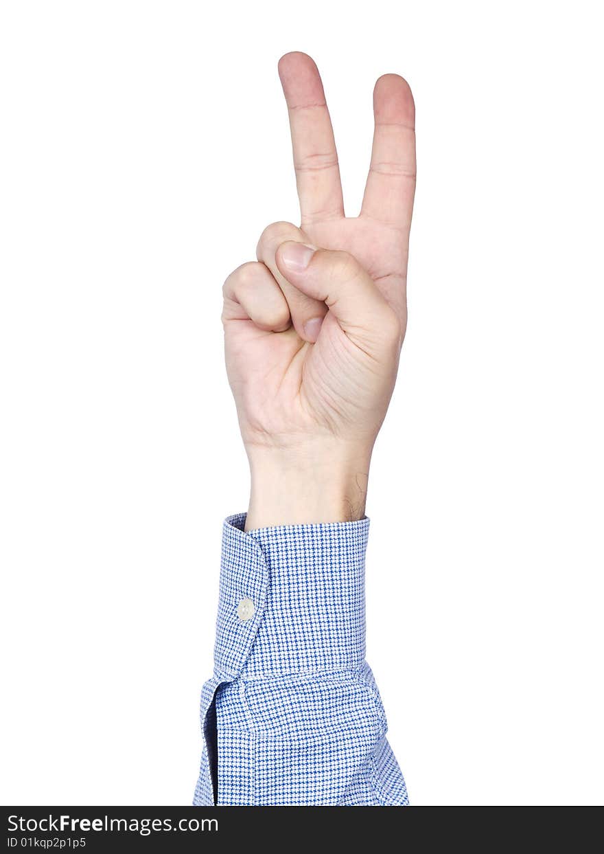 A man's hand doing number 2 gesture, isolated on white background.