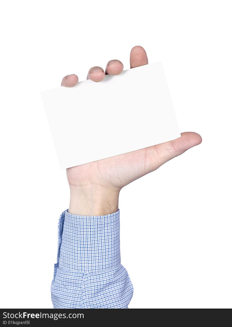 Blank card in human hand, isolated on white.