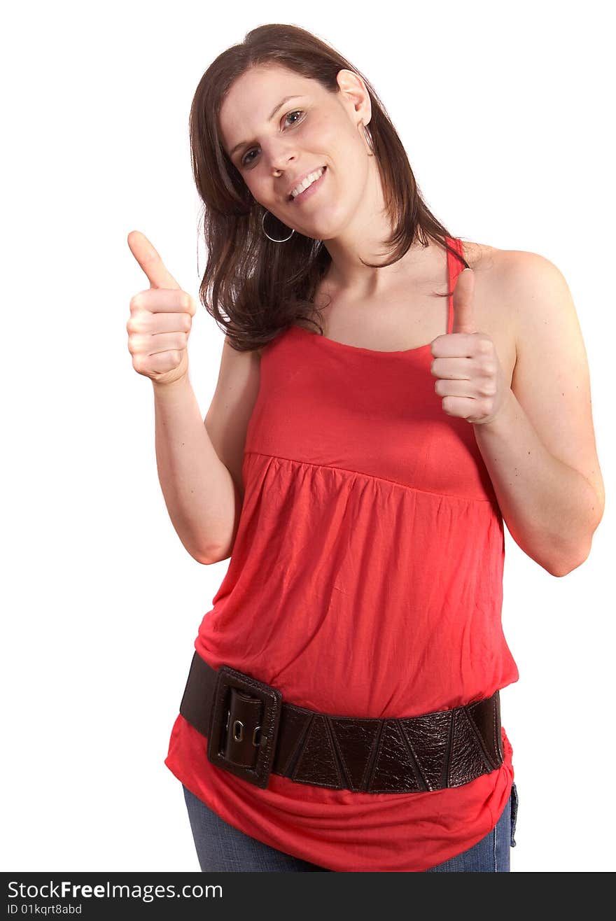 Young woman is showing a thumbs up sign. Young woman is showing a thumbs up sign.