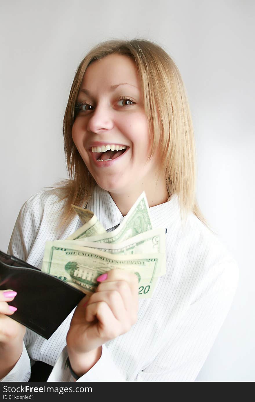 Young business woman, showing money