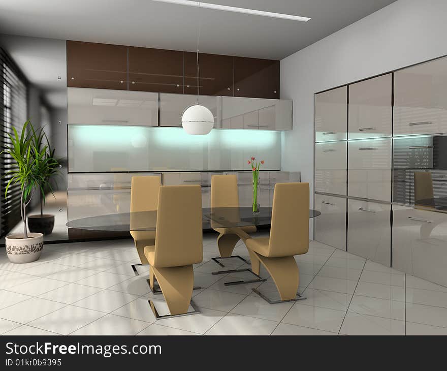 Modern interior of a dining room 3D