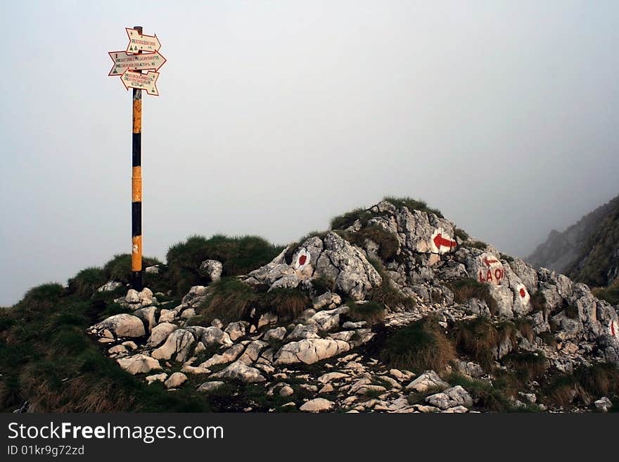 Direction signs right on top in Carpathian Mountains. Direction signs right on top in Carpathian Mountains