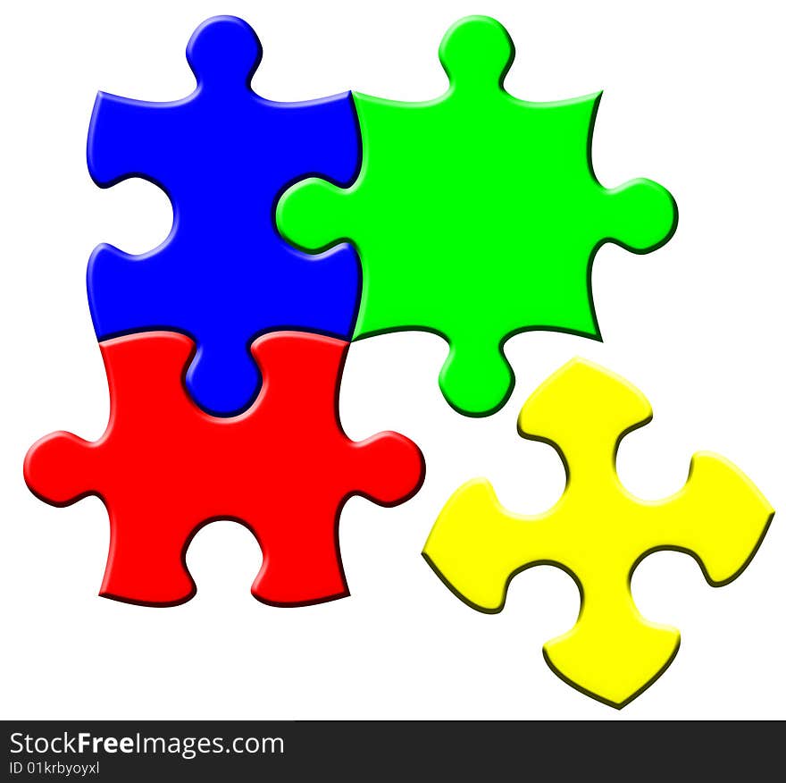 Three connected and one disconnected puzzle elements. Three connected and one disconnected puzzle elements