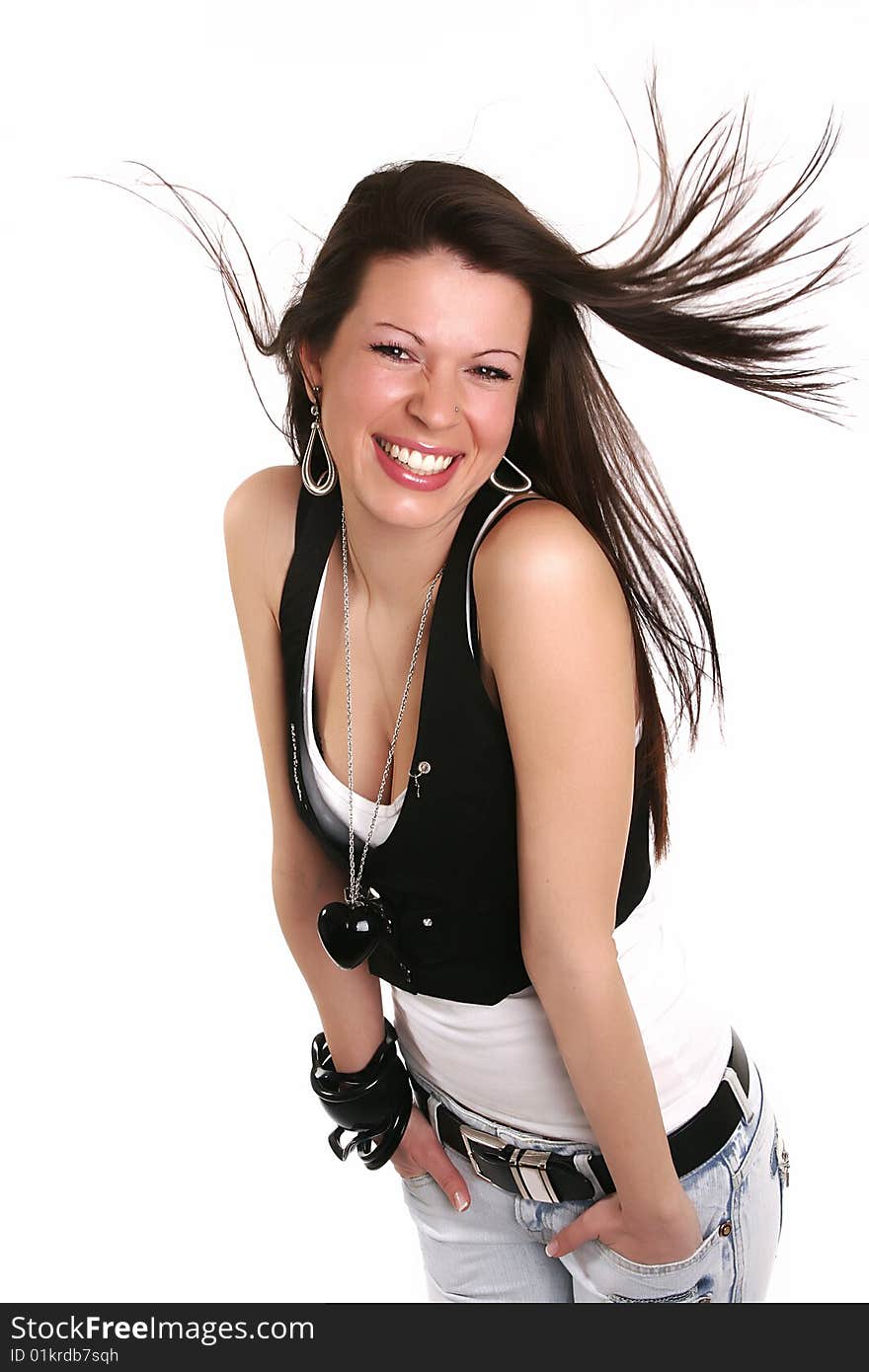 Young smiling brunette girl isolated on white background