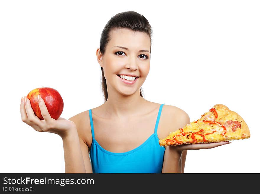 Young woman with pizza and red apple