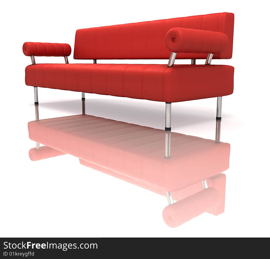 Red sofa with mirror on white back