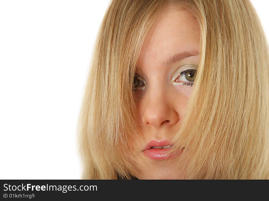 The portrait of the girl on white background. The portrait of the girl on white background