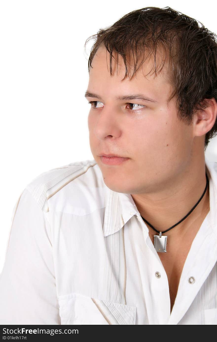 Male model against a white wall background