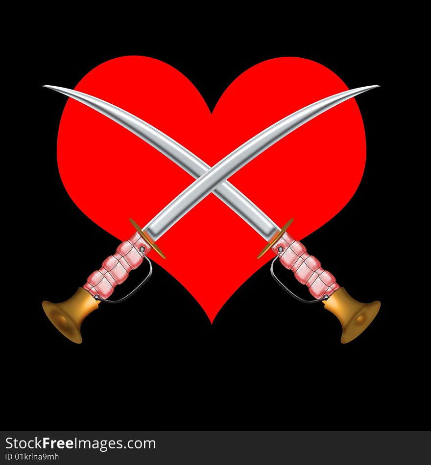 Two sword cross attached with red heartine illustration with clipping path. Two sword cross attached with red heartine illustration with clipping path