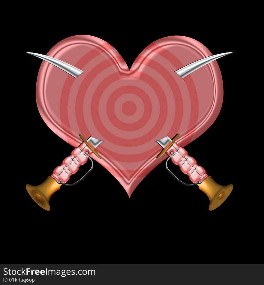 Two sword cross attached with red hearten illustration with clipping path. Two sword cross attached with red hearten illustration with clipping path