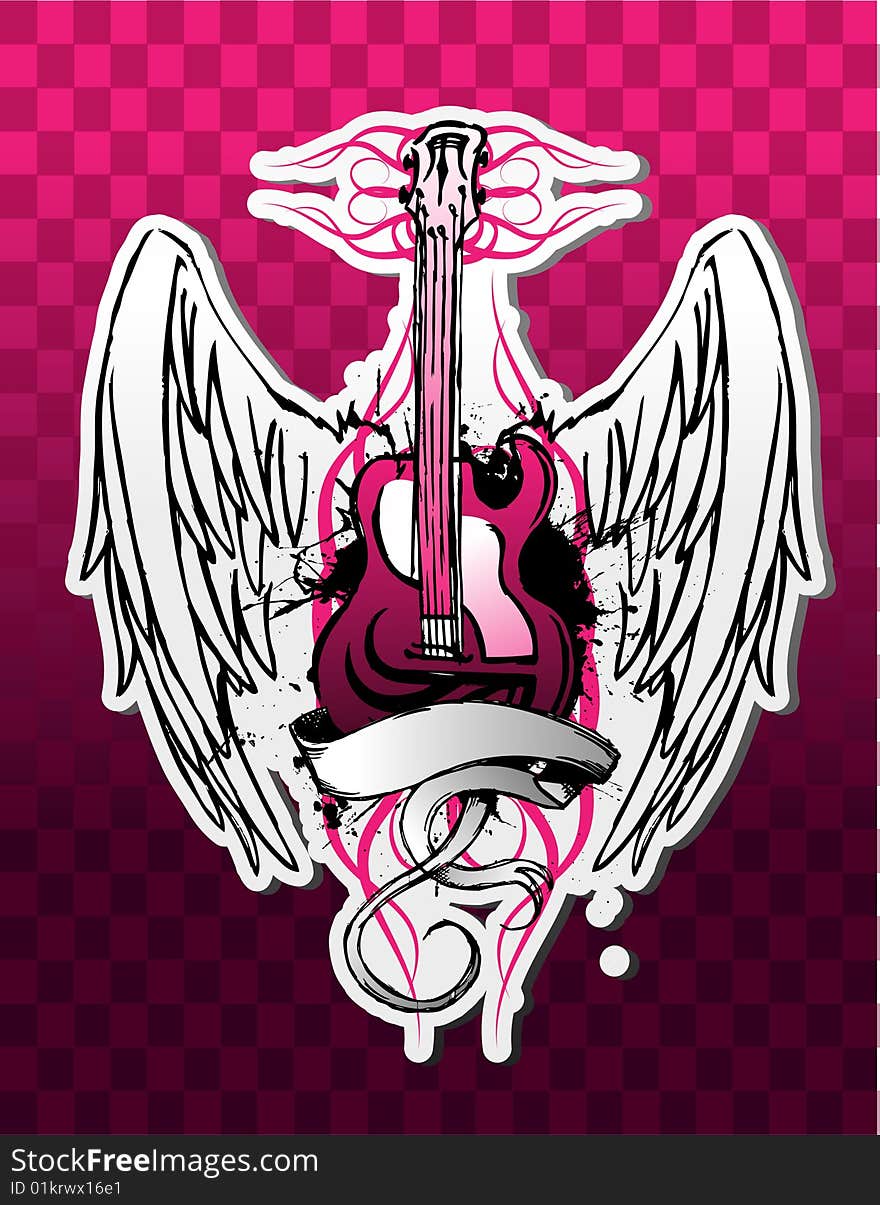 Grunge drawing of an electric guitar with wings and a scroll over a pink background. Grunge drawing of an electric guitar with wings and a scroll over a pink background.