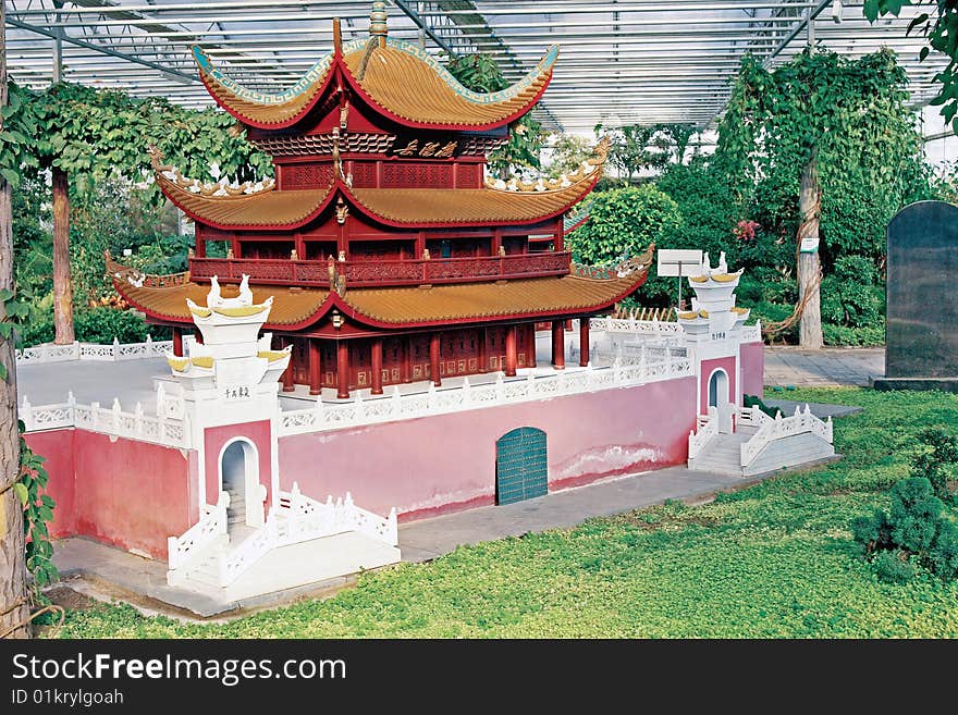 Chinese ancient building,model of traditional building. it lies in hunan of China. Chinese on the board is Yueyang floor.