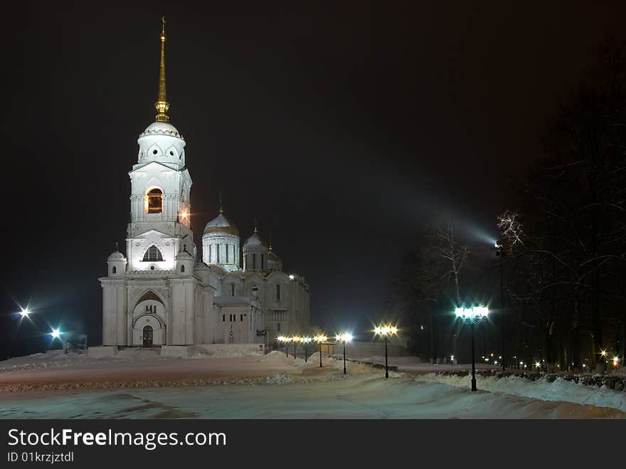 The Dormition Cathedral Bell Tower. Vladimir. Russia. Winter night view