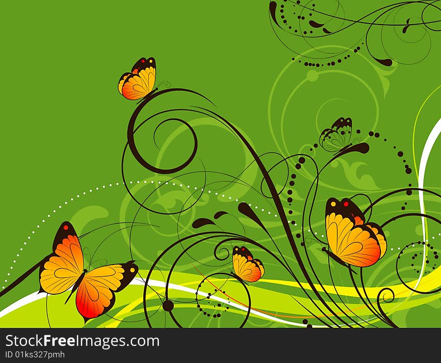 Floral Abstract Background With Butterflies..